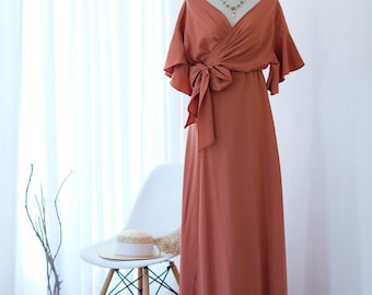 Robes de demoiselle d'honneur en cuivre Robe portefeuille en cuivre à manches courtes robe de cocktail longueur au sol Robe de bal Robe d'invité de mariage