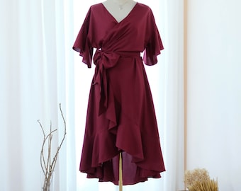 Burgundy bridesmaid dress Red Midi wrap dress Short sleeve Asymmetrically hem Hight low skirt wrap dress Party Prom Cocktail dress