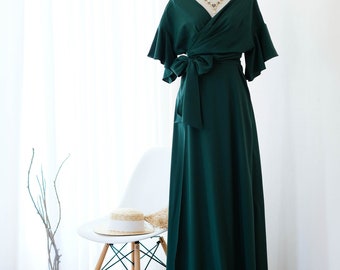 Forest green maxi wrap dress , Short sleeve dark green bridesmaid dress , Adjustable self tie party wedding guest dress