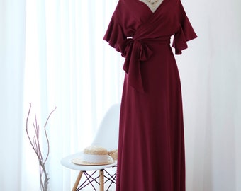Burgundy Maxi Bridesmaid Dress Women Dark Red Wrap Dresses
