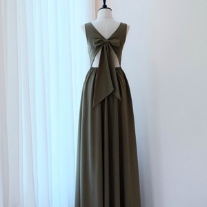 Olive Green bridesmaid dress bow back long party dress maxi olive green cocktail dress floor length bridesmaid dresses