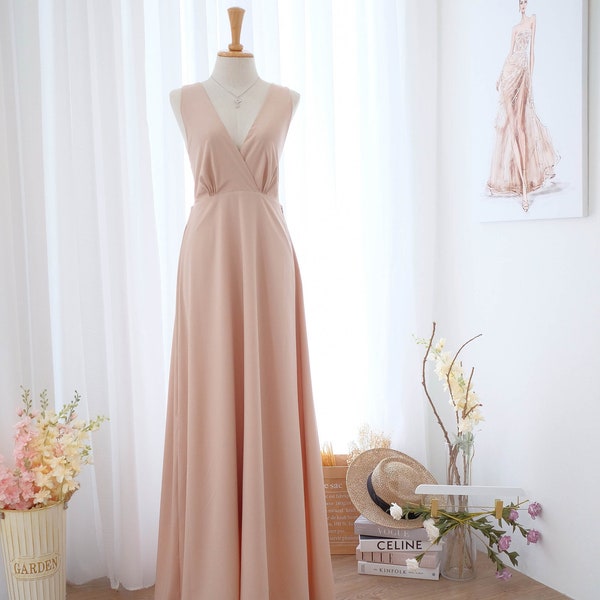 V neck neutral backless party bridesmaid dress Backless prom party cocktail wedding guest dress Floor length beige dress
