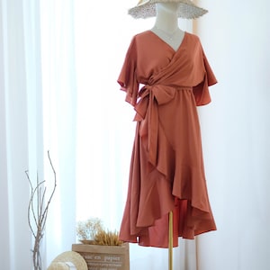 Copper Bridesmaid dresses Wrap dress Rust party dress Prom Cocktail wedding guest dress Asymmetrically dress Midi orange dress