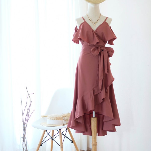 Rosewood bridesmaid dresses Dark English rose pink wrap dress party prom cocktail dress Terracotta wedding guest dress high low dress