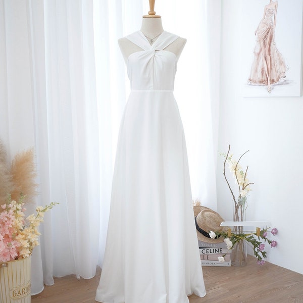 Off white halter bridal dress White solid bridesmaid dress wedding dress prom party cocktail dress maxi long dress