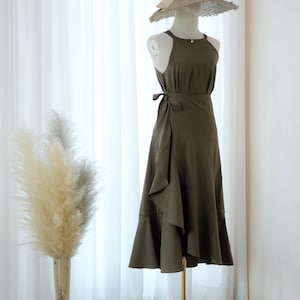 Olive Green Wrap Dress: Halter Top, High Low Midi Skirt