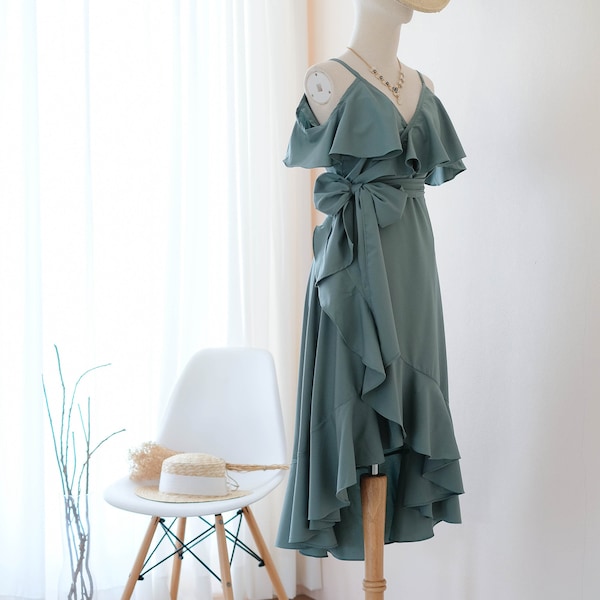 Dusty sage green wrap dress Bridesmaid dresses drop shoulder party prom cocktail dress high low midi dress bridesmaid robe