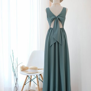 Earthy Dark Sage Green bridesmaid dress maxi green party dress bow back long cocktail dress floor length dusty green dress