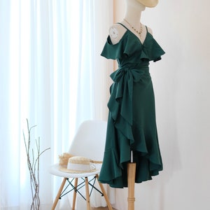 Forest Green bridesmaid dress Midi party dress Drop shoulder dress V neck Cocktail dress Dark Green Asymmetrically hem dress