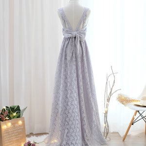 Gray lace maxi bridesmaid dress , Backless wedding guest dresses , Cocktail party prom gown , Bow back boho dress