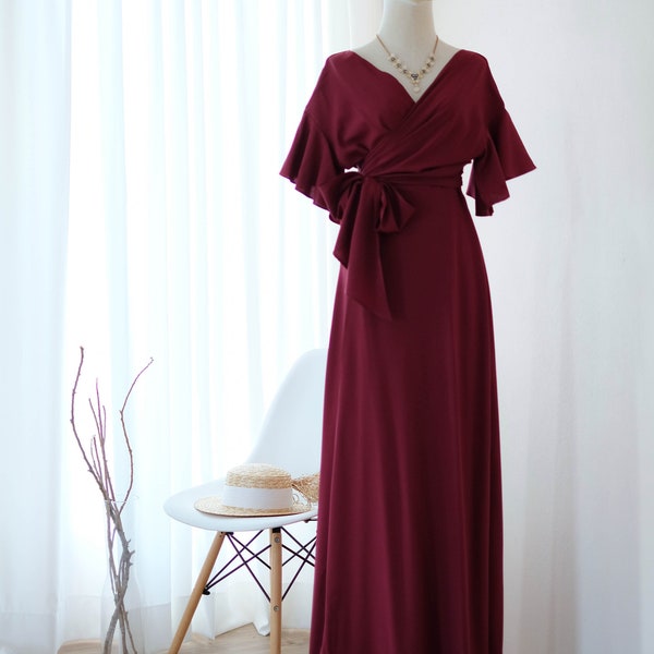 Burgundy bridesmaid dresses Floor length wrap dress Party prom cocktail dress Wedding guest dress Wine dress Short sleeve maxi dress