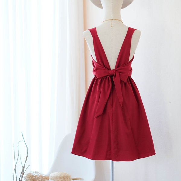 Red bridesmaid dress Short summer dress Backless bow back prom party cocktail dress Wedding guest dress Blood red dress