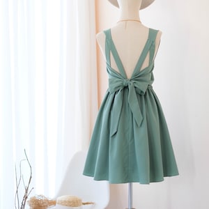 Dusty sage green dress, bridesmaid dress, Backless dress, short dress, wedding dress, bow back dress, green summer dress, 50 colors+