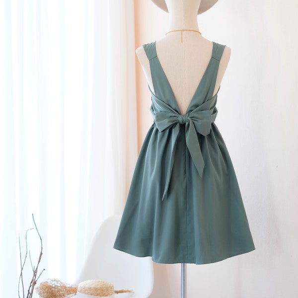 Earthy sage green dress Green bridesmaid dresses backless party prom cocktail short dress sage wedding guest dress bow back dress summer