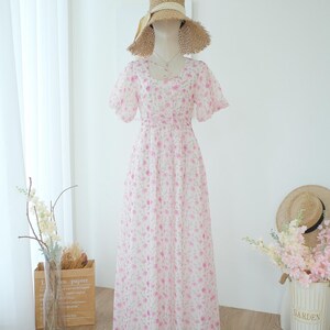 Bridesmaid dress, Pink floral dress, Wedding guest dress, Summer maxi dress, puff sleeve dress, Chiffon sundress, Summer dress dresss