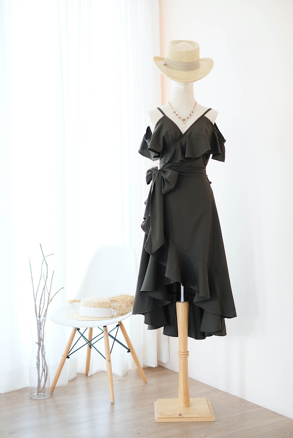 Dark Seaweed Green Wedding Guest Dress, Midi Bridesmaid Dress, Drop  Shoulder Wrap Dress, Asymmetrically Hem Dress - Etsy Israel