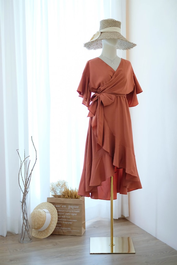 Rustic Orange Bridesmaid Dress, Copper Wedding Guest Dress, Prairie Dress, Midi Wrap Dress, Terracotta Party Dress, Beach Summer Dress - Etsy Denmark Rustic Orange Bridesmaid Dress, Copper Wedding Guest Dress, Prairie Dress, Midi Wrap Dress, Terracotta Party Dress, Beach Summer Dress - Etsy Denmark