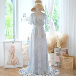 Floral Chiffon Maxi Dress: Grayish Blue V-Neck Bridesmaid Gown