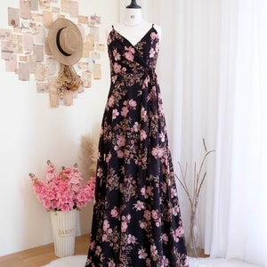 black floral bridesmaid dress WEDTREND Women Black Pink Floral Long Bridesmaid Dress A Line Spaghetti  Straps Backless Chiffon Wedding Guest Dress