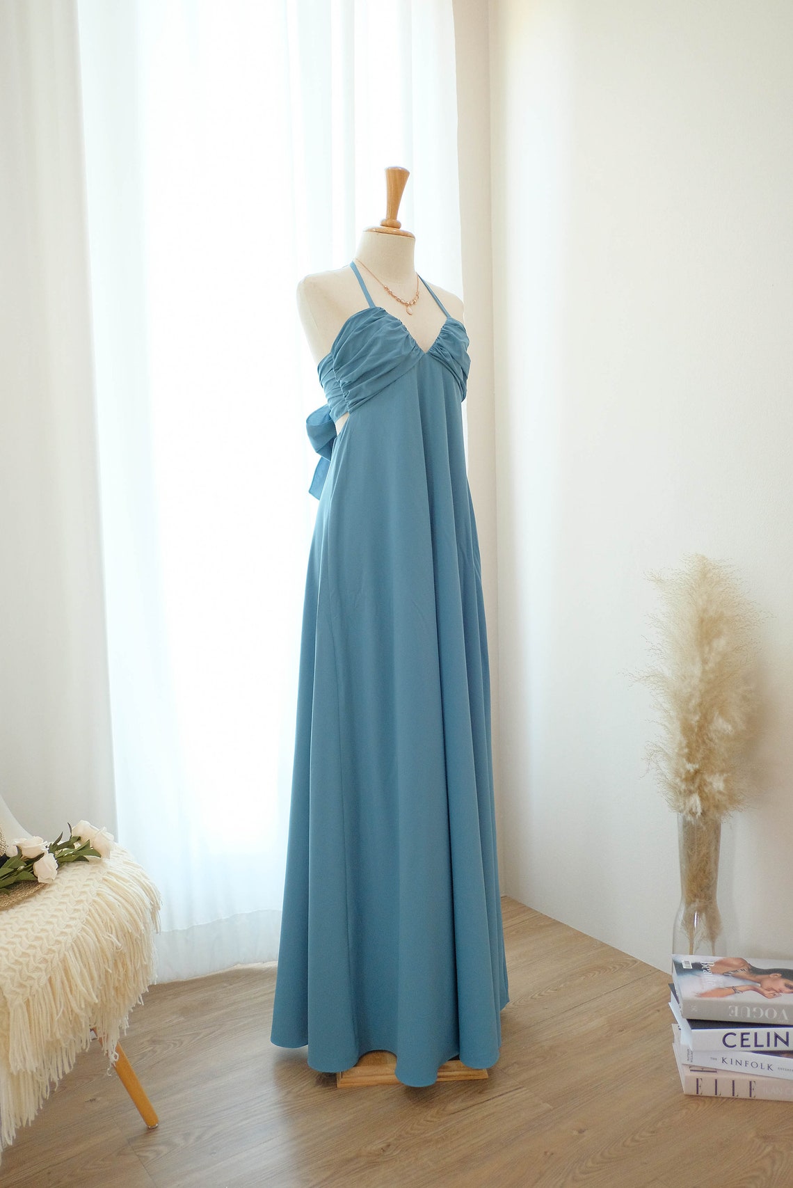 Rustic blue backless bridesmaid dress Maxi halter party | Etsy