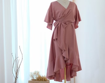 Rosewood dress English rose pink bridesmaid dresses midi wrap dress prom party cocktail dress wedding guest dress Terracotta dress