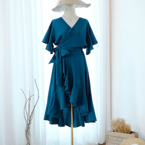 Midnight blue dress Dark blue party dress Bridesmaid dresses prom cocktail wrap dress wedding guest dress blue midi dress