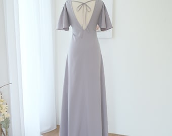 Light gray backless dress bridesmaid dress short bell sleeve Prom party cocktail wedding dress pale gray long dress