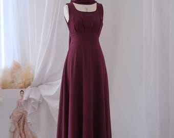 Kastanienbraune Vintage Brautjungfernkleider mit Schal, Hochzeitsgastkleid, Kleid im französischen Stil, Vintage-Landhauskleid, Zartes Frauenkleid