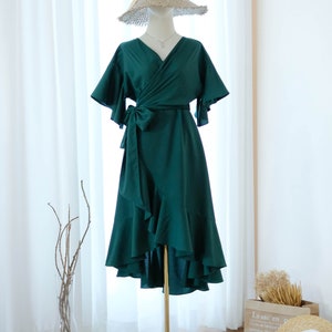 Forest green midi wrap dress , bridesmaid dress , prom party wedding guest dress short sleeve asymmetrically hem