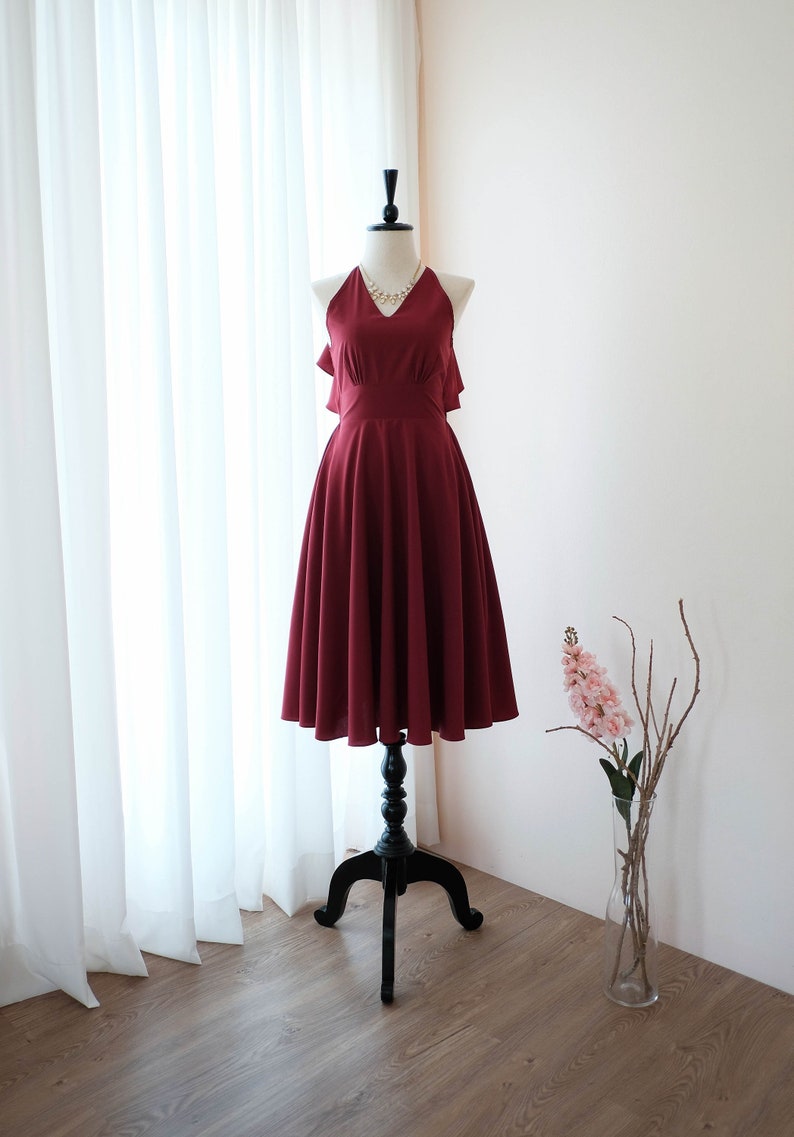 Wine Burgundy Bridesmaid dresses Halter backless party prom cocktail dress Wedding guest wine midi dress vintage inspired dress image 3