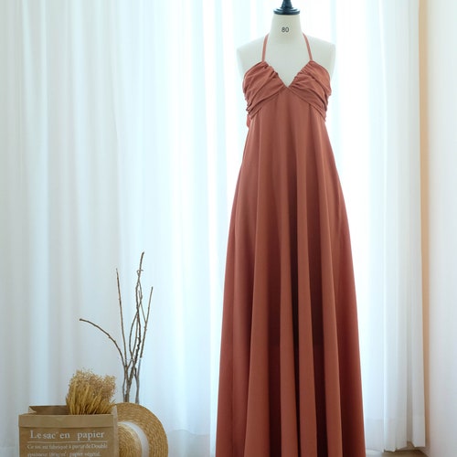 Copper maxi dress Sweetheart Halter bridesmaid dress Backless long cocktail dress Beach Tropical wedding guest dress Rustic orange dress