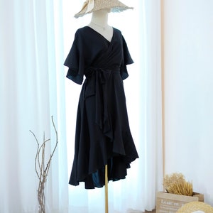 Black bridesmaid dress Midi wrap dress Short sleeve Asymmetrically hem Hight low skirt wrap dress Party Prom Cocktail dress