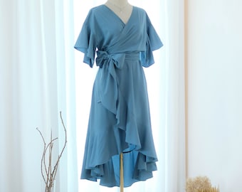 Rustic blue bridesmaid dress Midi wrap dress Short sleeve Asymmetrically hem Hight low skirt wrap dress Party Prom Cocktail dress