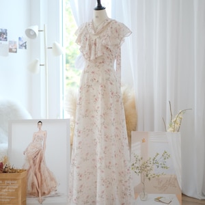 White Floral Chiffon Maxi Dress: Summer Wedding Guest, Bridesmaid Gown