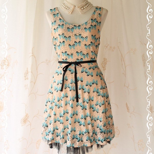 Butterfly On Roses - Sundress Spring Summer Inspired Lovely Butterfly Print On Elastic Roses Lace Black Ribbon Tie