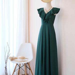 Forest Green Bridesmaid Dress: Flutter V-Neck Maxi Evening Gown
