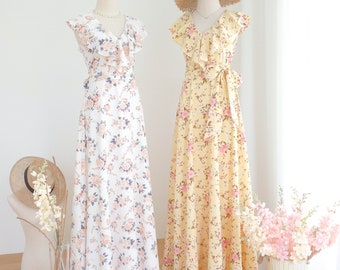 White floral dress Yellow bridesmaid dresses vintage maxi party dress prom cocktail evening gown wedding guest dress