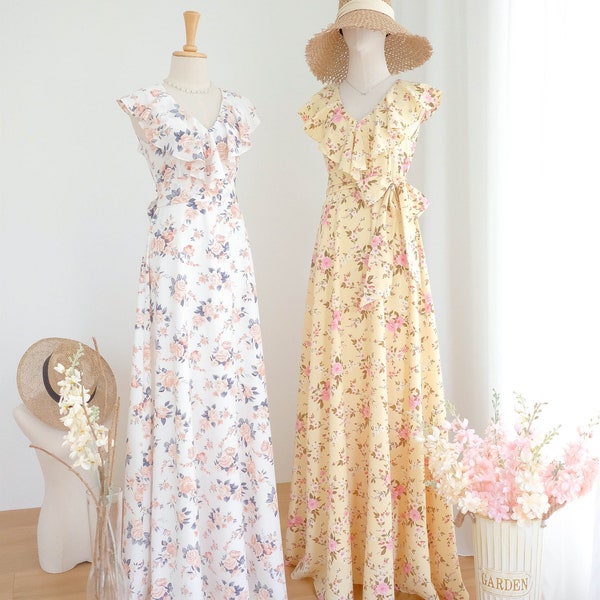 White floral dress Yellow bridesmaid dresses vintage maxi party dress prom cocktail evening gown wedding guest dress