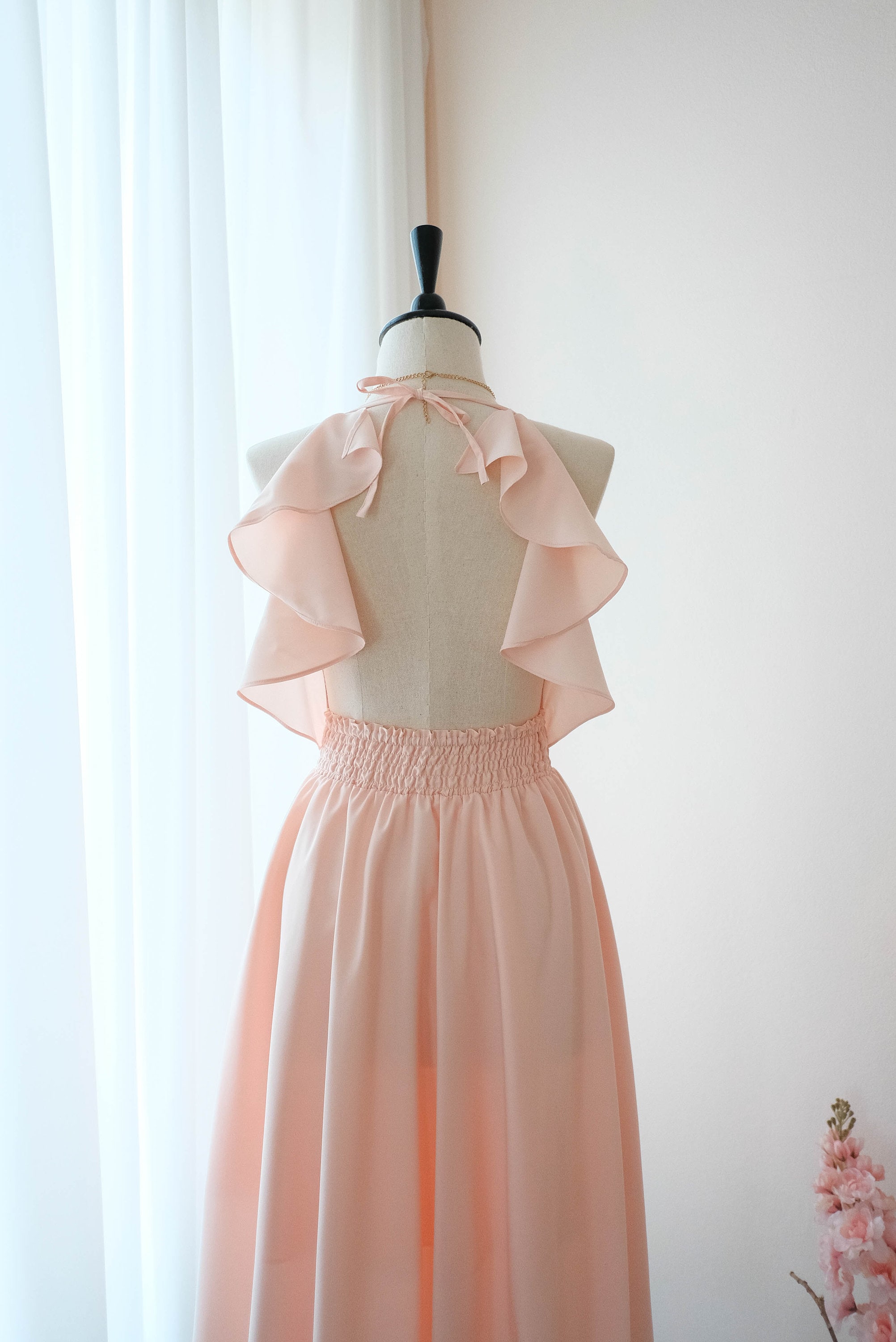 Pink blush bridesmaid dress , Party wedding guest dress , backless dress , halter dress , cocktail midi dress
