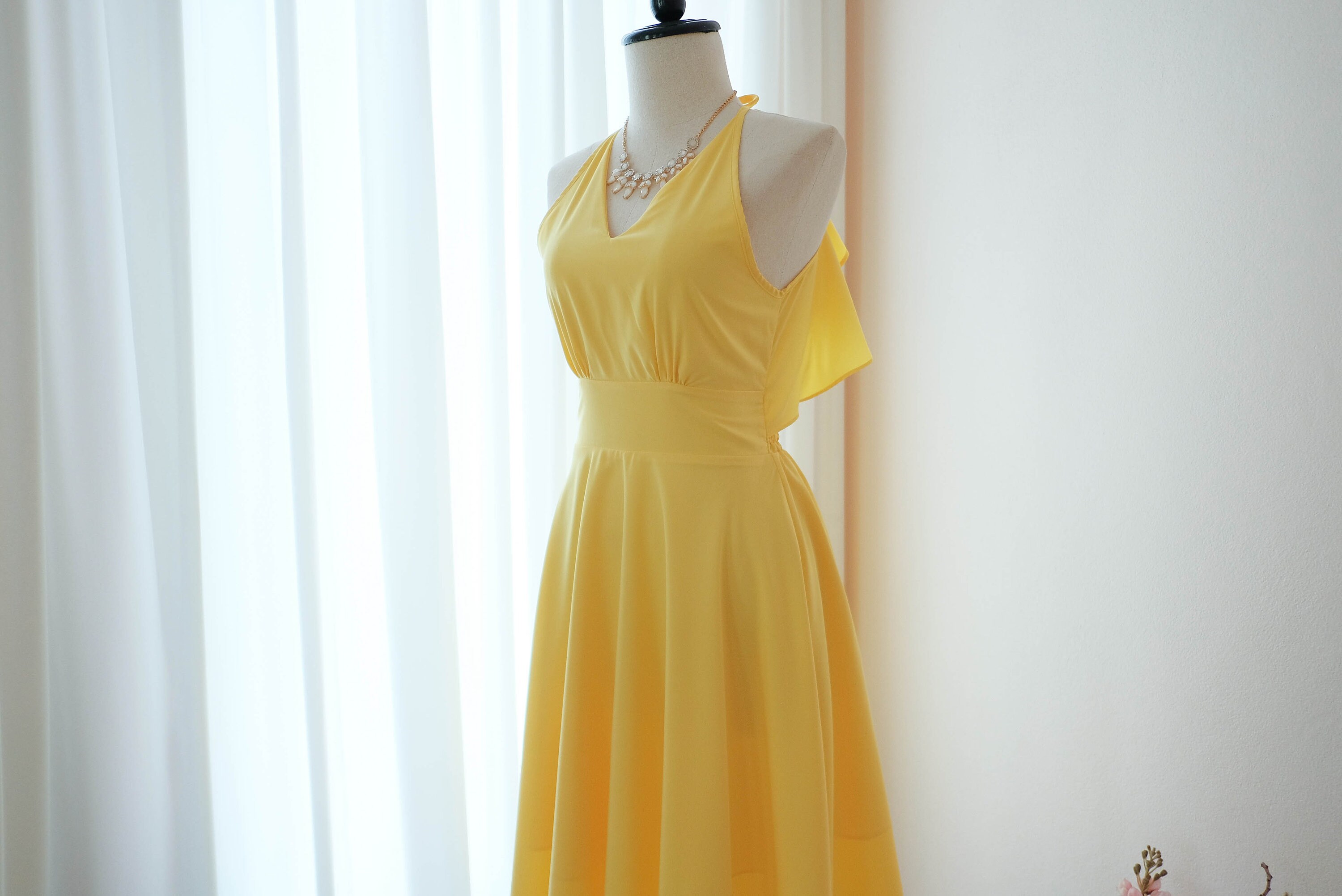 Yellow Backless Midi Dress | Halter Yellow Bridesmaid Dress | Wedding Guest Dress | Cocktail Party Summer Outfits