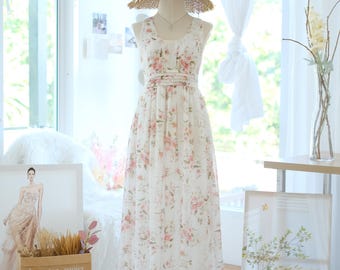 White floral prairie dress, Bridesmaid dresses, Cottagecore dress, Sleeveless floral wedding guest dress, Woman maxi dress