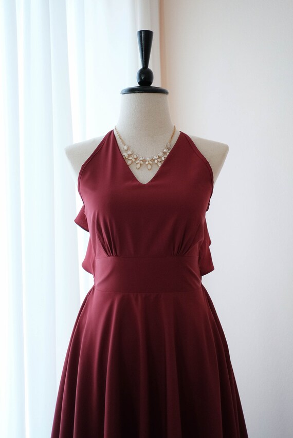 Burgundy Midi Backless Dress , Halter Bridesmaid Dress , Dark Red Wedding  Guest Outfits , Tea Party Cocktail Dresses