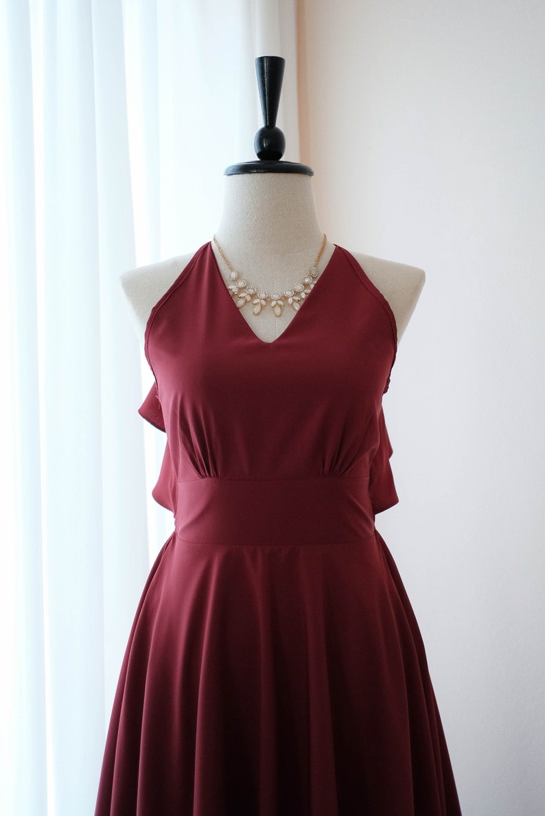 Wine Burgundy Bridesmaid dresses Halter backless party prom cocktail dress Wedding guest wine midi dress vintage inspired dress image 2