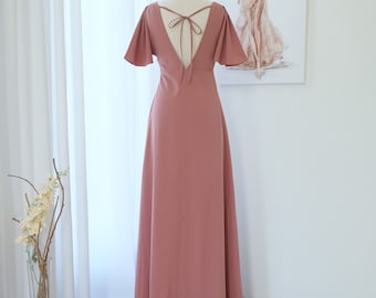 Rosewood Bridesmaid dress Dark English rose pink Backless party dress Short sleeves long cocktail dress wedding guest dress Dusty pink dress