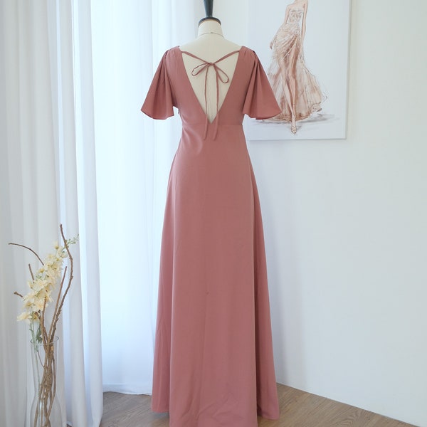 Rosewood Bridesmaid dress Dark English rose pink Backless party dress Short sleeves long cocktail dress wedding guest dress Dusty pink dress