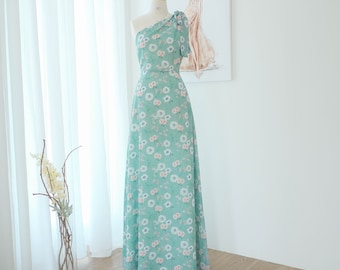One shoulder Green bridesmaid dress Green floral printed maxi Floral chiffon summer wedding party dress Cocktail prom dress Evening gown