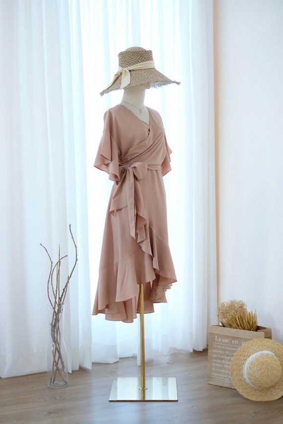 Buy Taupe Bridesmaid Dress, Beige Wedding Guest Dress, Asymmetrically Midi  Wrap Dress, Beach Garden Wedding Party Dress, Short Sleeve Online in India  - Etsy