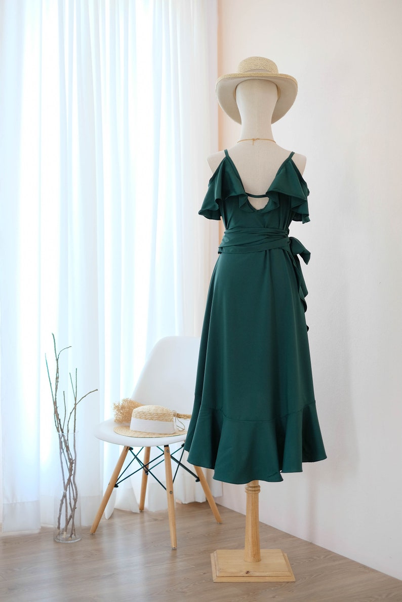 Forest Green bridesmaid dress Midi party dress Drop shoulder dress V neck Cocktail dress Dark Green Asymmetrically hem dress image 3