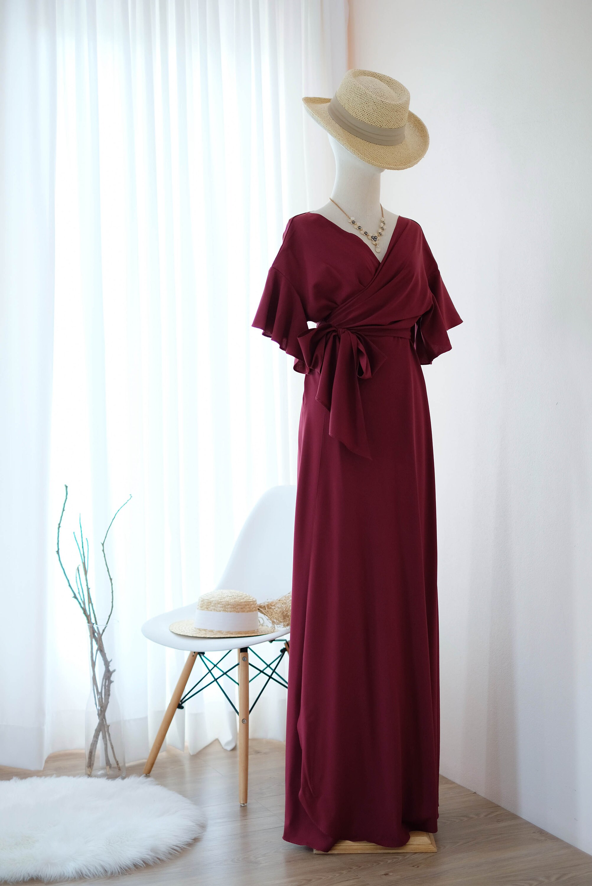 Burgundy boho bridesmaid wrap dresses, Short sleeve wedding guest dress, Dark Red maxi Beach dress, Party dress Red Burgundy boho bridesmaid wrap dresses, Short sleeve wedding guest dress, Dark Red maxi Beach dress, Party dress Red