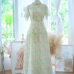 Green Floral Silk Chiffon Maxi Dress: High Neck Wedding Guest Dress